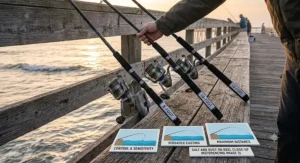 An illustration comparing different lengths of saltwater pier fishing rods for casting distance.