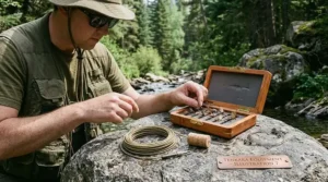 A compact, collapsed tenkara rod tucked into the side pocket of a hiking backpack next to a trout stream.