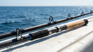 A conventional saltwater jigging rod blank showing the guide alignment and heavy duty reel seat.