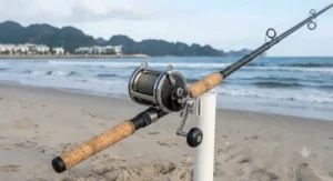 A large capacity conventional saltwater reel mounted onto a 12 foot surf casting rod seat.