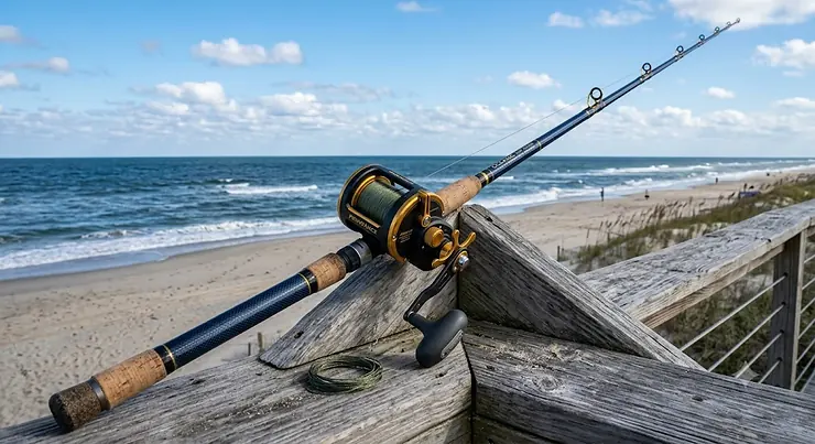 Overview of a conventional surf rod paired with an overhead casting reel for long-distance ocean fishing