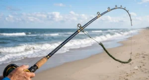 Illustration showing the fast-action bend and backbone strength of a graphite conventional surf rod