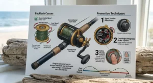 Diagram showing how to prevent backlash and bird nests when using a conventional surf rod and reel