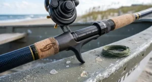 Detailed view of the trigger grip handle and reel seat on a custom conventional surf fishing rod