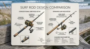 Side-by-side comparison diagram showing the design differences between a conventional surf rod and a spinning surf rod