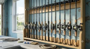 A collection of custom inshore saltwater rods stored neatly in a vertical rod rack.