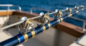 Close-up illustration of premium roller guides on a custom offshore trolling rod designed for heavy saltwater line.