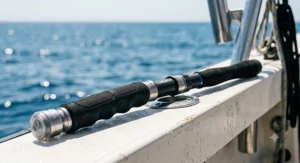 Close up view of the ergonomic EVA foam grips and gimbal butt on a custom saltwater jigging rod.