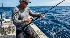 Angler holding a deep sea jigging rod for saltwater fishing while dropping a vertical jig into the water.