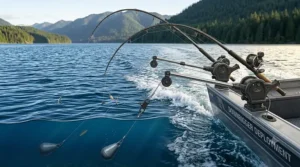 An angler setting up a specialized lake trout trolling rod on a boat downrigger system for deep-water trolling.