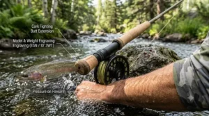 An illustration of a cork fighting butt on a long fly rod used for balancing heavy euro nymphing rigs and fighting large fish.