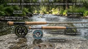 A side-by-side scale comparison illustration of a standard nine-foot fly rod next to a ten-and-a-half-foot euro nymphing rod.
