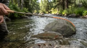 An action illustration showing a subtle trout bite telegraphing directly through a sensitive euro nymphing rod tip to a highlighted sighter.