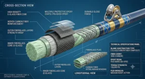 Detailed graphic showing the durable fiberglass composite blank construction of a saltwater offshore trolling rod.