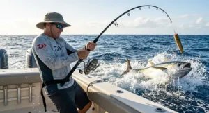 Angler applying maximum drag pressure to a deep-bending popping rod saltwater rod while battling a powerful game fish.