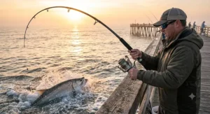 A fisherman fighting a large saltwater fish using a flexible, heavy-action pier fishing rod.