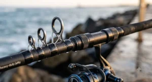 Close-up illustration of a heavy-duty jetty fishing rod showing the durable guides and secure reel seat.