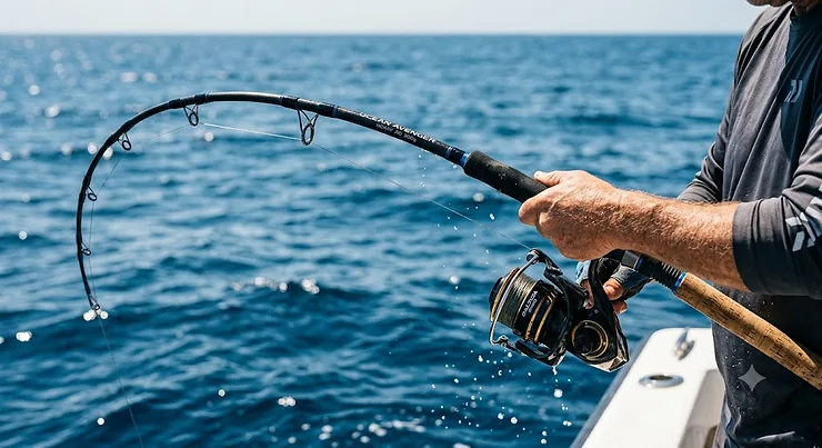 Close up of a heavy duty saltwater jigging rod bending under pressure against a blue ocean background.