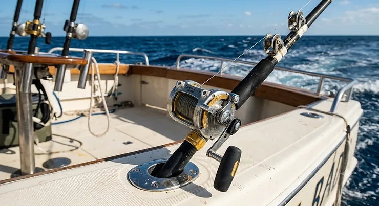 Heavy-duty offshore trolling rod resting in a gunwale rod holder on a saltwater sportfishing boat.