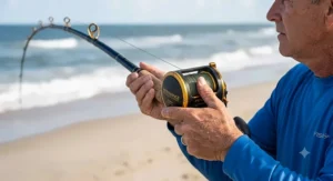 Angler holding a conventional surf rod while thumbing the reel spool during a powerful beach cast