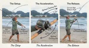 Illustration demonstrating proper two-handed casting technique with a 12 foot surf casting rod.