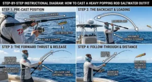 Step-by-step instructional diagram showing how to safely load and cast a heavy-action popping rod saltwater outfit for maximum distance.