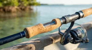Close-up of the premium split-grip cork handle on an inshore saltwater rod.