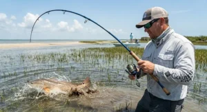 Angler using a medium-heavy inshore saltwater rod to hook a redfish in Texas flats.