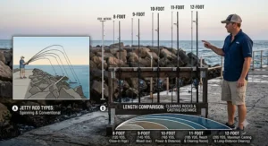 Diagram comparing different jetty fishing rod lengths for distance casting and structural clearing.