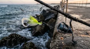 A specialized jetty fishing rod rigged with a heavy bucktail jig ready for striped bass fishing.