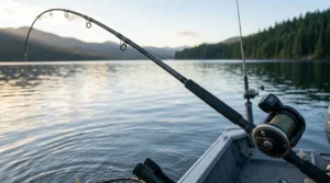 Close-up of a lake trout trolling rod showing its moderate action bend and durable composite blank design.