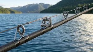Durable ceramic line guides on a lake trout trolling rod designed to withstand heavy braided and copper fishing lines.