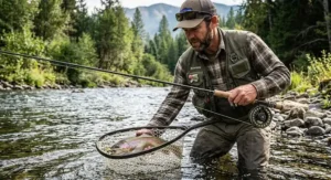 Angler landing a rainbow trout using a 9-foot 5-weight fly rod and landing net