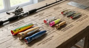 Illustration pairing various weights of wooden and plastic topwater popper lures with the correct popping rod saltwater power rating.