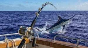 An offshore trolling rod fully loaded and bent while fighting a big game blue marlin in deep ocean water.