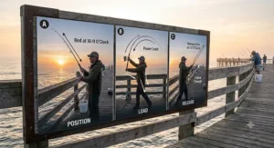 Graphic showing the proper overhead casting technique with a long saltwater pier fishing rod.
