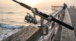 A saltwater pier fishing rod secured in a metal holder clamped to a wooden pier railing.