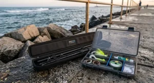 A multi-piece travel jetty fishing rod packed next to a saltwater tackle box on a coastal pier.