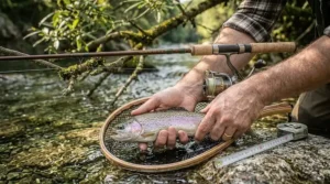 A vibrant rainbow trout resting in a landing net next to a flexible 6 foot trout rod.