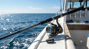A premium saltwater jigging rod paired with a high capacity spinning reel sitting on a boat gunwale.