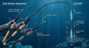 Diagram explaining how a saltwater jigging rod manipulates a vertical metal jig through the water column.