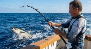 Angler holding a heavy action offshore trolling rod during a deep-sea tuna fishing charter.