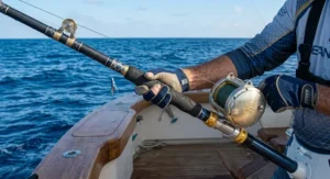 Stand-up style offshore trolling rod featuring ergonomic EVA foam grips and a heavy-duty aluminum reel seat.