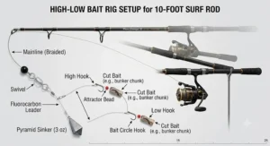 Diagram showing a high-low bait rig setup connected to a 10 foot surf rod with pyramid sinker.