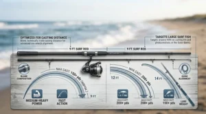 Diagram showing casting range and power specs for a 9 foot surf rod versus longer rods