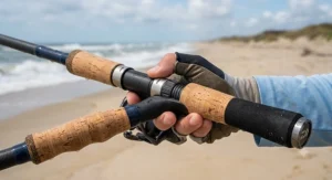 Ergonomic cork and EVA foam handle grip on an affordable surf rod under $150