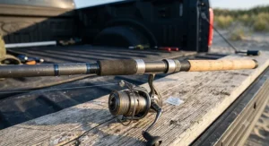 Heavy-duty locking reel seat with a spinning reel attached to a surf rod under $150