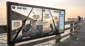 Side-by-side comparison of a long surf rod and a specialized saltwater pier fishing rod.