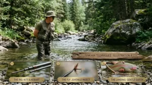 Illustration showing how to approach a small mountain creek to target trout using a fixed-line tenkara rod.