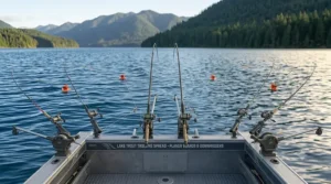 A multi-rod trolling spread on a boat utilizing specialized lake trout trolling rods and planer boards.